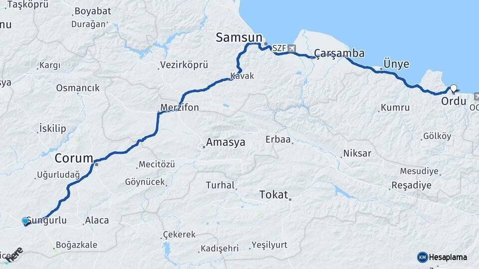 Çorum Sungurlu Ordu Arası Kaç Km - Yol Haritası
