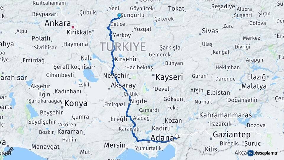 Çorum Sungurlu Osmaniye Arası Kaç Km - Yol Haritası