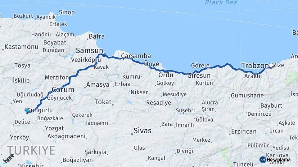 Çorum Sungurlu Rize Arası Kaç Km - Yol Haritası