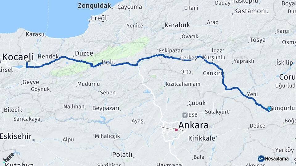 Çorum Sungurlu Sakarya Arası Kaç Km - Yol Haritası
