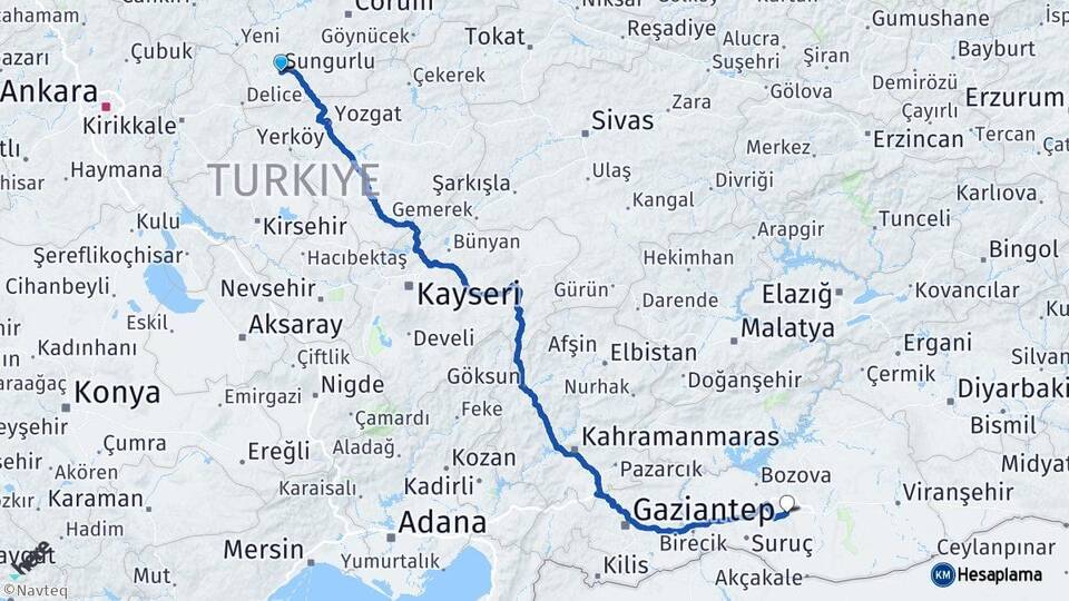 Çorum Sungurlu Şanlıurfa Arası Kaç Km - Yol Haritası
