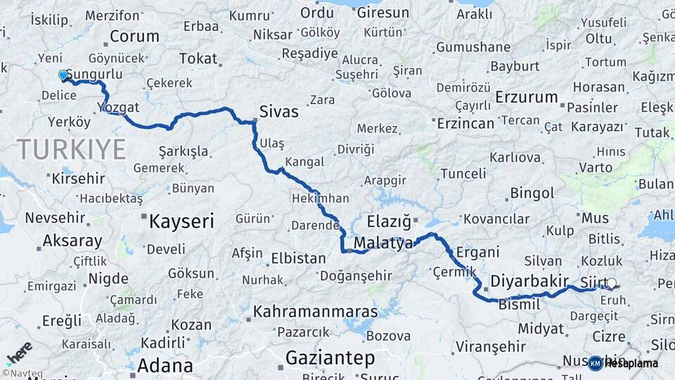 Çorum Sungurlu Siirt Arası Kaç Km - Yol Haritası