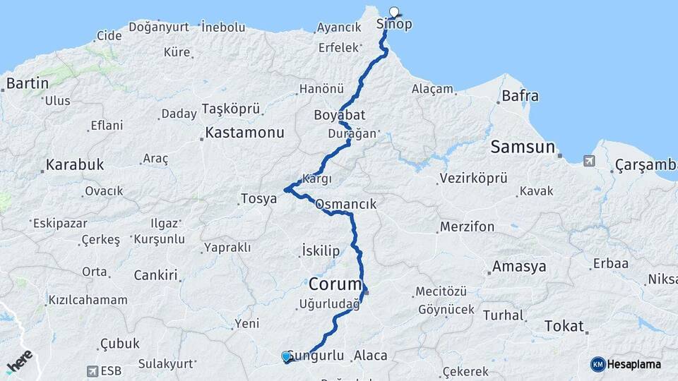 Çorum Sungurlu Sinop Arası Kaç Km - Yol Haritası