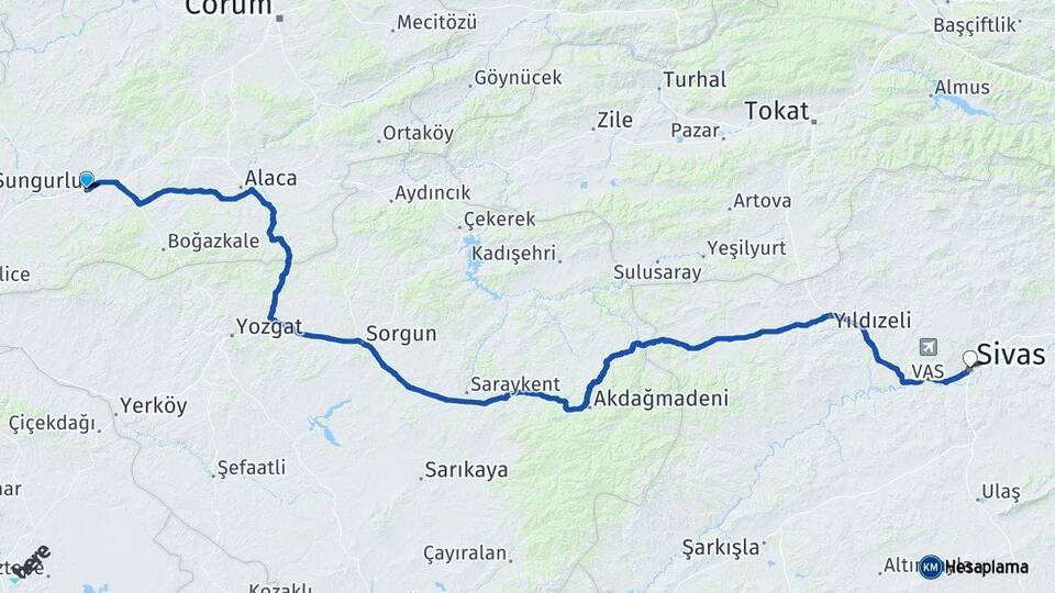 Çorum Sungurlu Sivas Arası Kaç Km - Yol Haritası