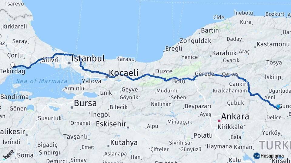 Çorum Sungurlu Tekirdağ Arası Kaç Km - Yol Haritası