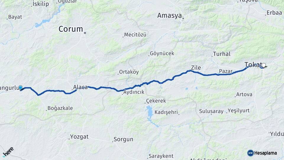 Çorum Sungurlu Tokat Arası Kaç Km - Yol Haritası