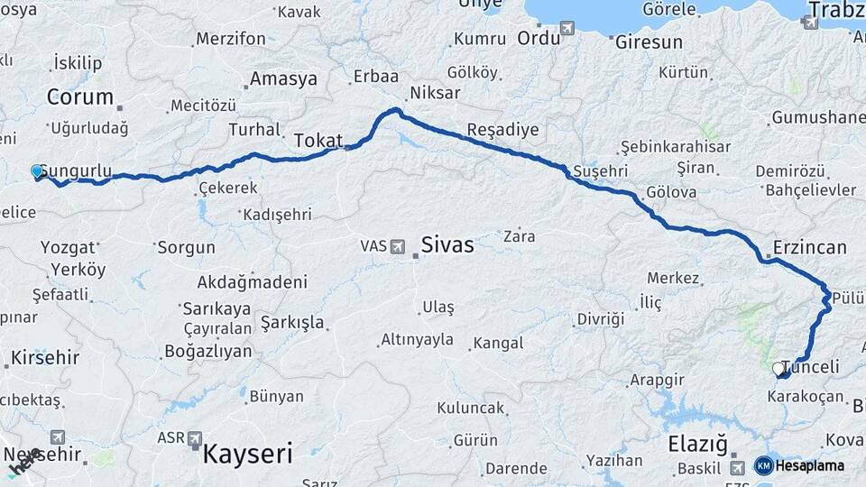 Çorum Sungurlu Tunceli Arası Kaç Km - Yol Haritası