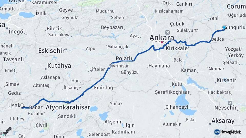 Çorum Sungurlu Uşak Arası Kaç Km - Yol Haritası