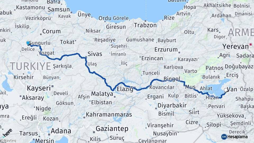 Çorum Sungurlu Van Arası Kaç Km - Yol Haritası