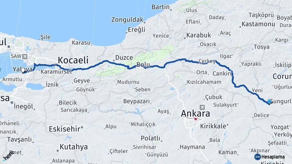 Çorum Sungurlu Yalova Arası Kaç Km - Yol Haritası