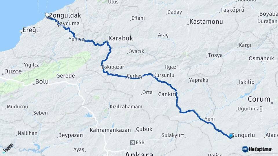 Çorum Sungurlu Zonguldak Arası Kaç Km - Yol Haritası