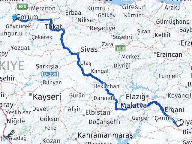 Çorum Sur Diyarbakır Arası Kaç Km - Yol Haritası