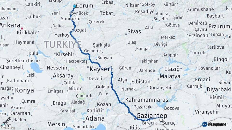 Çorum Suruç Şanlıurfa Arası Kaç Km - Yol Haritası