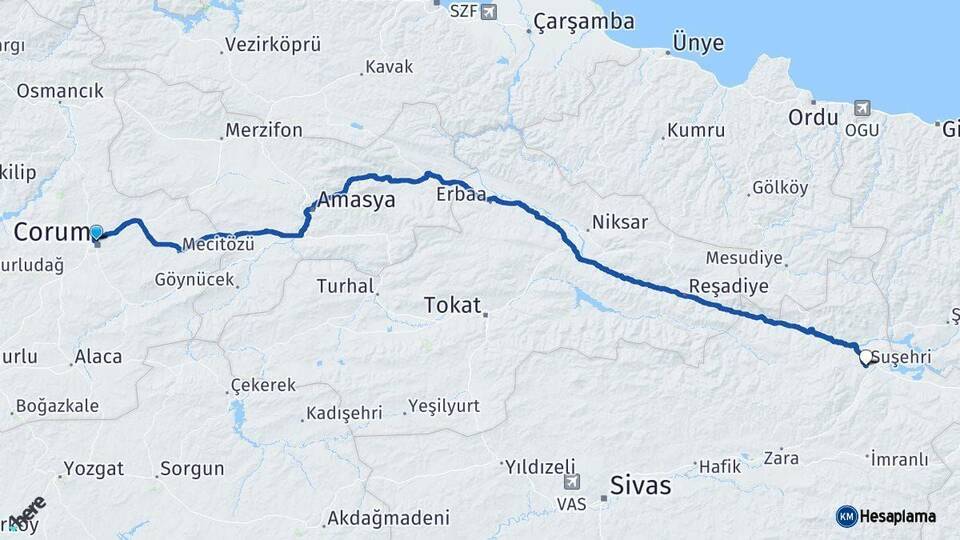 Çorum Suşehri Sivas Arası Kaç Km - Yol Haritası