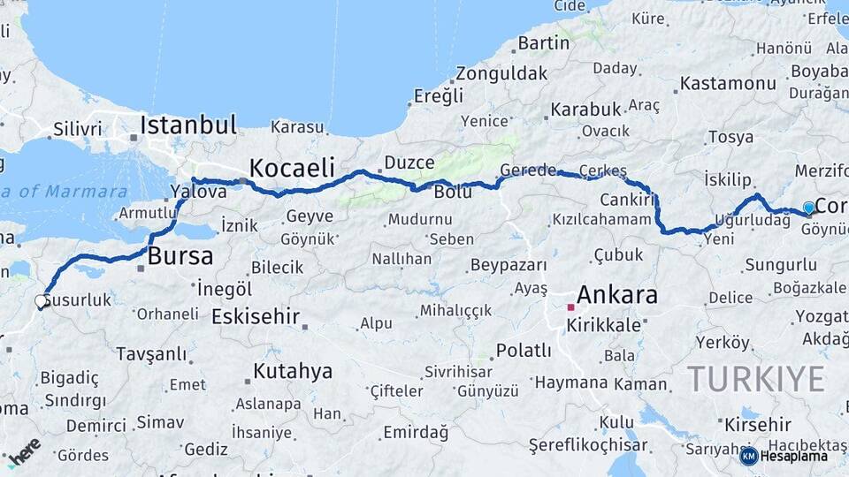 Çorum Susurluk Balıkesir Arası Kaç Km - Yol Haritası