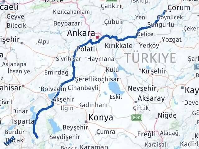 Çorum Sütçüler Isparta Arası Kaç Km - Yol Haritası