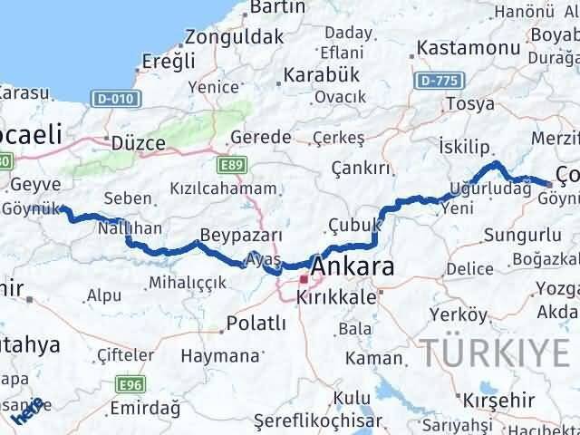 Çorum Taraklı Sakarya Arası Kaç Km - Yol Haritası