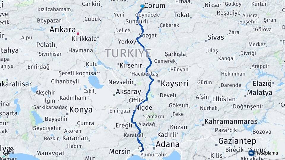 Çorum Tarsus Mersin Arası Kaç Km - Yol Haritası