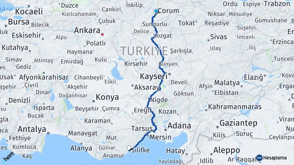 Çorum Taşucu Silifke Mersin Arası Kaç Km - Yol Haritası
