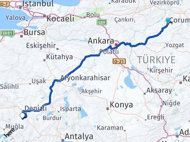 Çorum Tavas Denizli Arası Kaç Km - Yol Haritası
