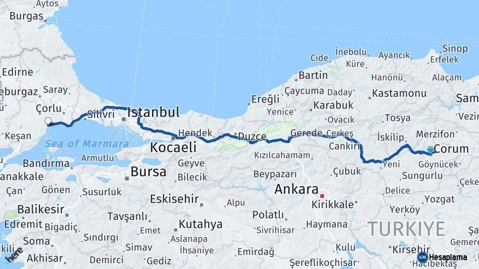 Çorum Tekirdağ Arası Kaç Km - Yol Haritası