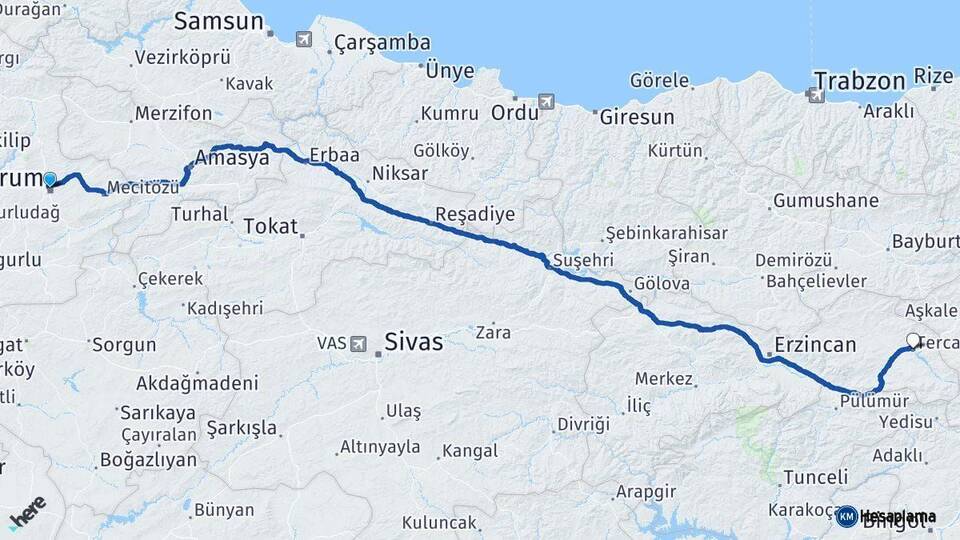 Çorum Tercan Erzincan Arası Kaç Km - Yol Haritası