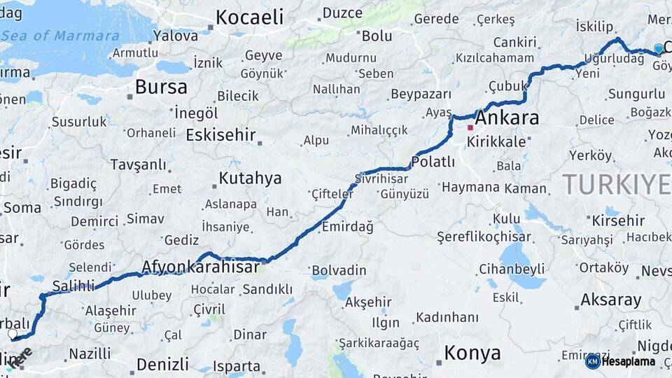 Çorum Tire İzmir Arası Kaç Km - Yol Haritası