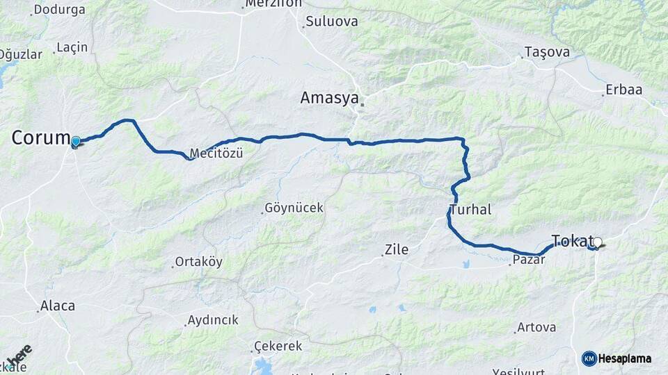 Çorum Tokat Arası Kaç Km - Yol Haritası