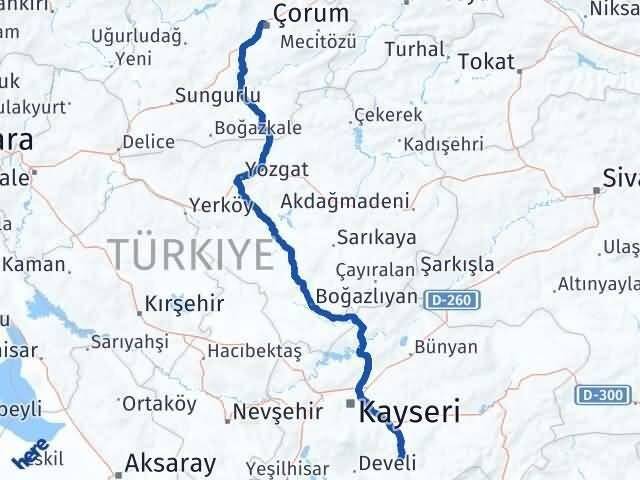 Çorum Tomarza Kayseri Arası Kaç Km - Yol Haritası