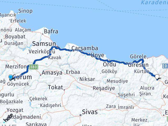 Çorum Torul Gümüşhane Arası Kaç Km - Yol Haritası