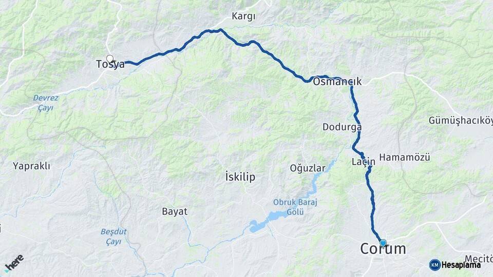 Çorum Tosya Kastamonu Arası Kaç Km - Yol Haritası