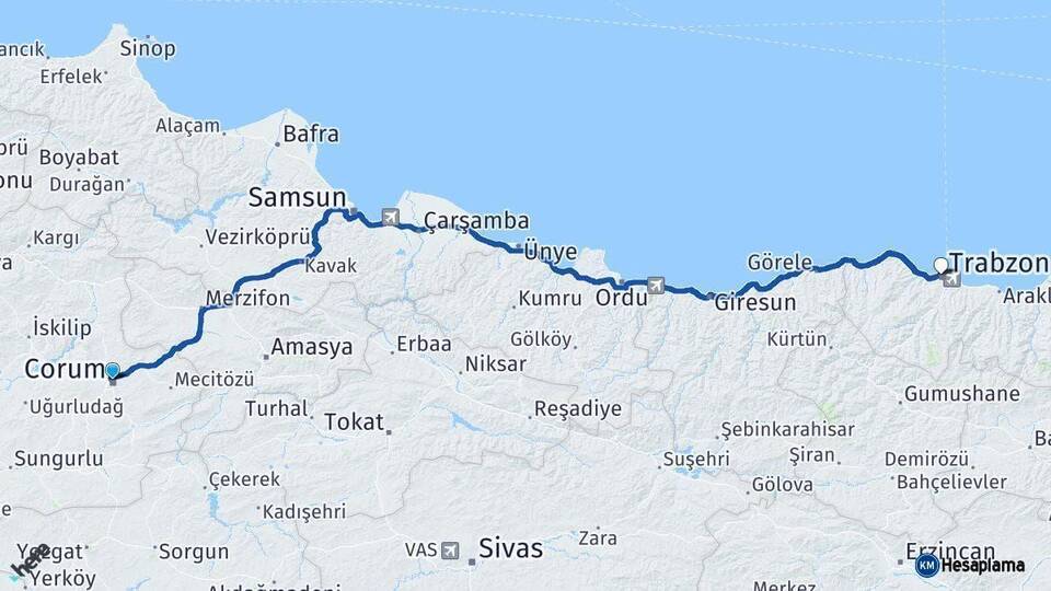 Çorum Trabzon Arası Kaç Km - Yol Haritası