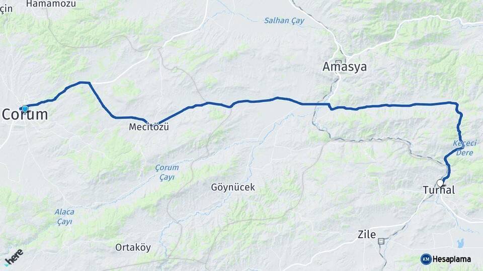 Çorum Turhal Tokat Arası Kaç Km - Yol Haritası