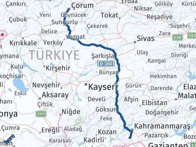 Çorum Türkoğlu Kahramanmaraş Arası Kaç Km - Yol Haritası