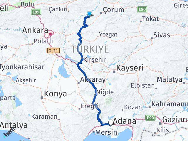 Çorum Uğurludağ Adana Arası Kaç Km - Yol Haritası