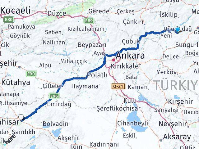 Çorum Uğurludağ Afyonkarahisar Arası Kaç Km - Yol Haritası