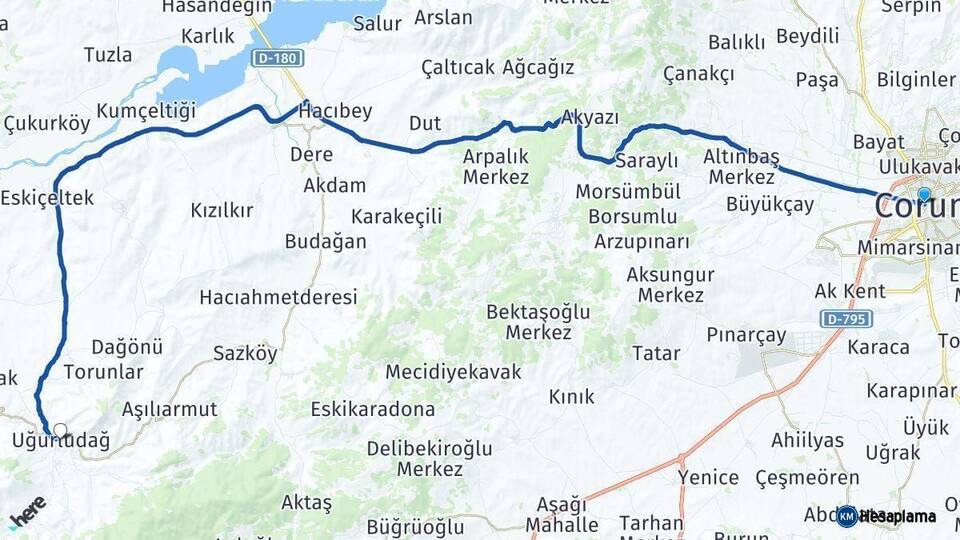 Çorum Uğurludağ Arası Kaç Km - Yol Haritası