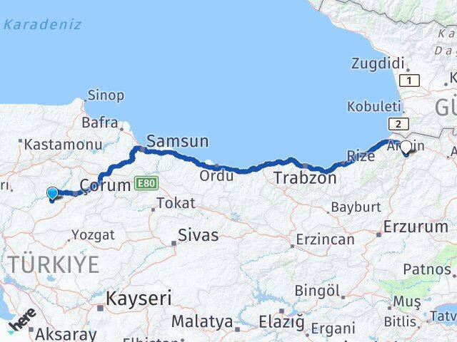 Çorum Uğurludağ Artvin Arası Kaç Km - Yol Haritası