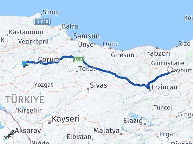 Çorum Uğurludağ Bayburt Arası Kaç Km - Yol Haritası