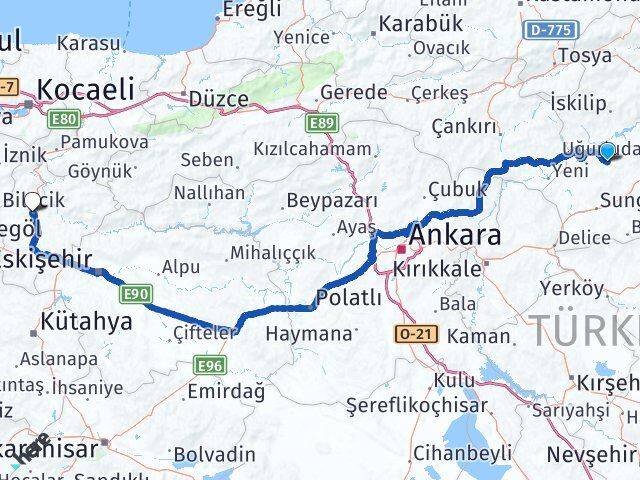 Çorum Uğurludağ Bilecik Arası Kaç Km - Yol Haritası