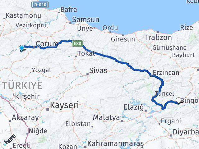 Çorum Uğurludağ Bingöl Arası Kaç Km - Yol Haritası