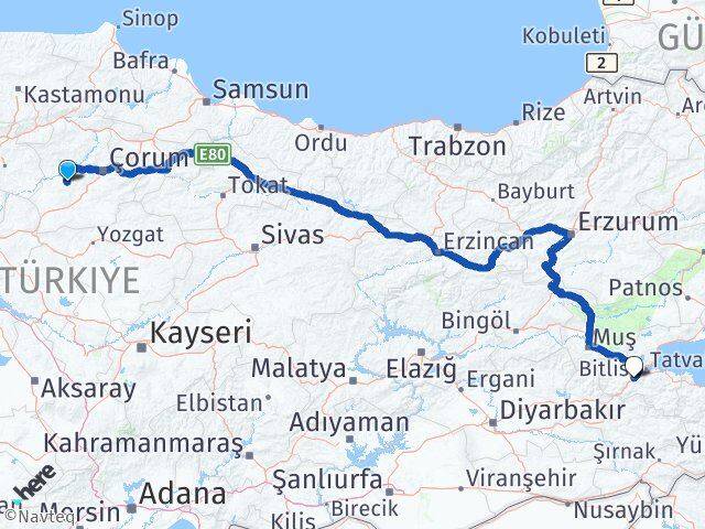 Çorum Uğurludağ Bitlis Arası Kaç Km - Yol Haritası