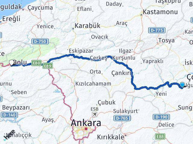 Çorum Uğurludağ Bolu Arası Kaç Km - Yol Haritası