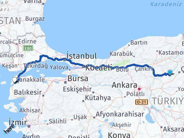 Çorum Uğurludağ Çanakkale Arası Kaç Km - Yol Haritası
