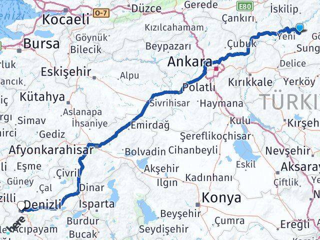 Çorum Uğurludağ Denizli Arası Kaç Km - Yol Haritası
