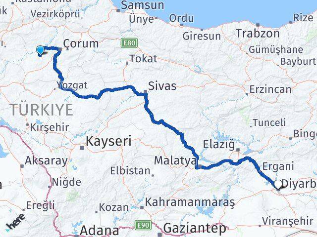 Çorum Uğurludağ Diyarbakır Arası Kaç Km - Yol Haritası