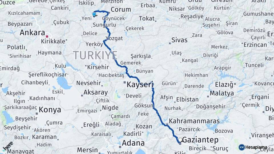 Çorum Uğurludağ Gaziantep Arası Kaç Km - Yol Haritası