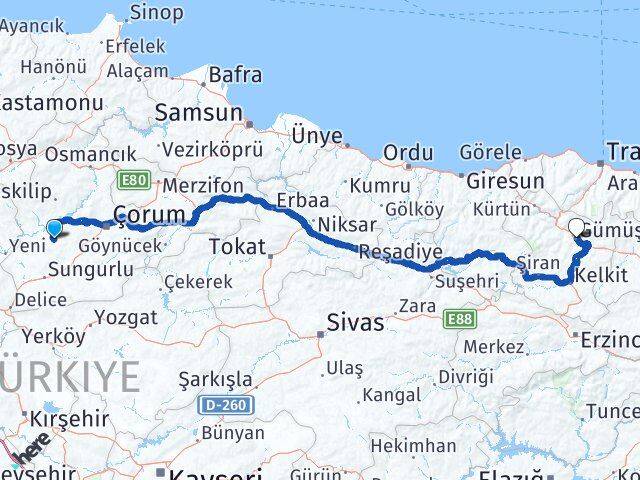 Çorum Uğurludağ Gümüşhane Arası Kaç Km - Yol Haritası