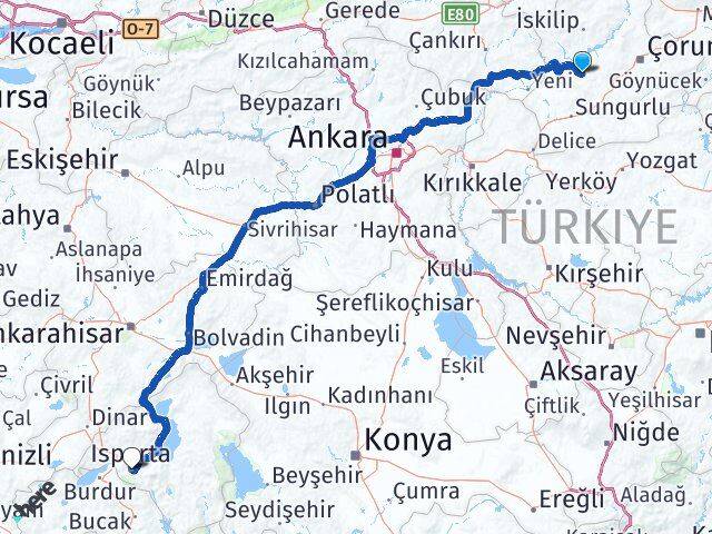 Çorum Uğurludağ Isparta Arası Kaç Km - Yol Haritası