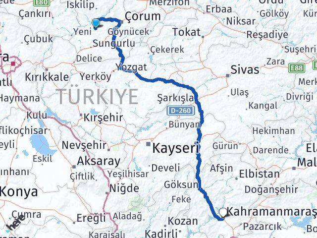 Çorum Uğurludağ Kahramanmaraş Arası Kaç Km - Yol Haritası